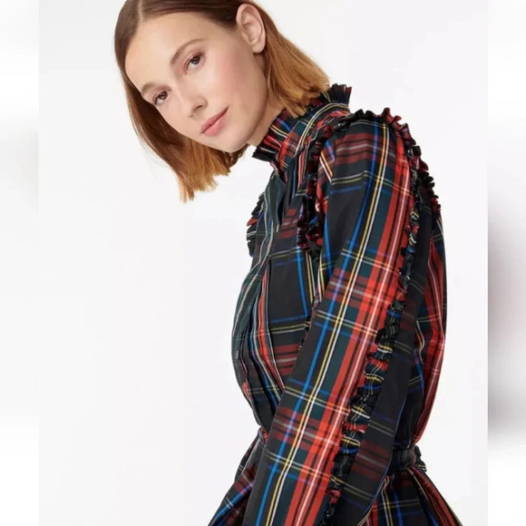 J. Crew Belted ruffle dress in Black Stewart tartan Size Small - Picture 3 of 10